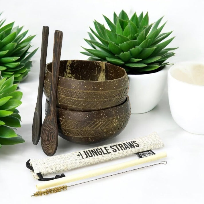 Coconut Bowls - Eco Coconut Shell Bowl Set (Two Bowls) - Geometric
