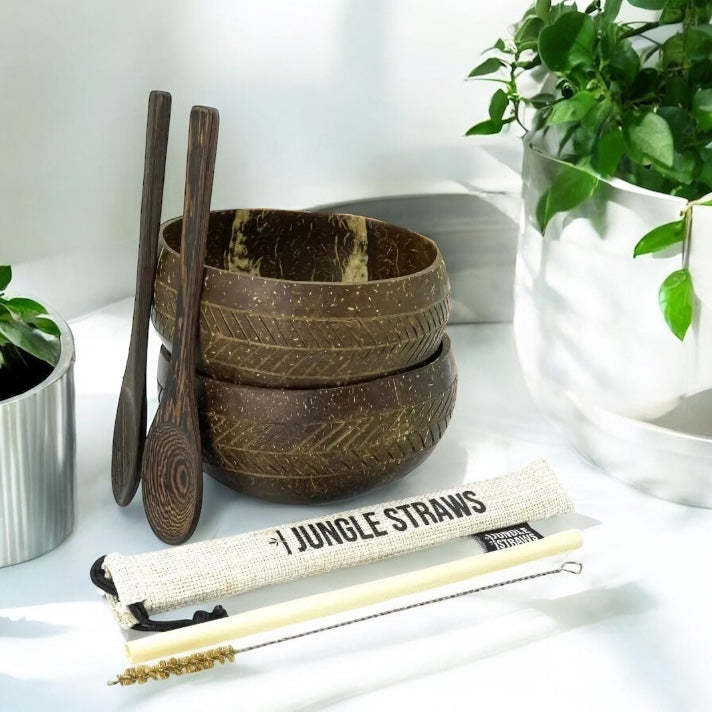 Coconut Bowls - Eco Coconut Shell Bowl Set (Two Bowls) - Geometric